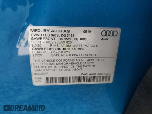 2019 Audi e-tron Premium Plus z VIN WA1LAAGE0KB013270, wystawiony jako Copart lot #63142252 z przebiegiem Nie podano mil oraz . Historia ofert i sprzedaży dostępna na DreamBid. Obrazek 10.