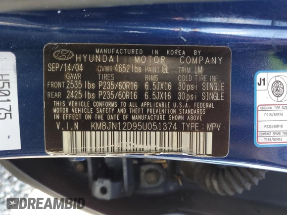 2005 Hyundai Tucson GLS with VIN KM8JN12D95U051374, listed as a Copart auction lot 73854704 with 0 mi miles and Salvage Title. Bid and sale history available at carsss.com. Image 14.