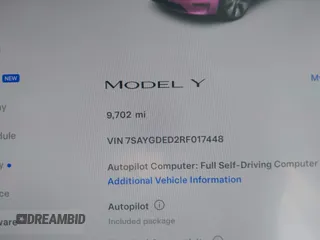 2024 Tesla Model Y with VIN 7SAYGDED2RF017448, listed as a IAAI auction lot 41597056 with 9,702 mi miles and . Bid and sale history available at DreamBid. Image 15.