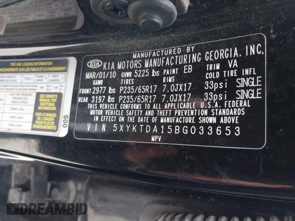 2011 Kia Sorento LX with VIN 5XYKTDA15BG033653, listed as a IAAI auction lot 41844960 with 227,336 mi miles. Bid and sale history available at carsss.com. Image 9.