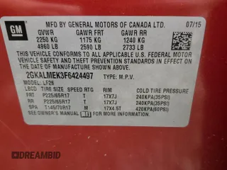 2015 GMC Terrain SLE with VIN 2GKALMEK3F6424497, listed as a Copart auction lot 61193085 with 129,499 mi miles and Clean title. Bid and sale history available at DreamBid. Image 13.