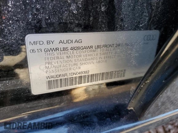 2013 Audi A4 Premium с VIN WAUDFAFL1DN049382, выставлен на аукционе Copart как лот 46164035 с пробегом 82 352 миль миль и Списание • Salvage title. История ставок и продаж доступна на DreamBid. Изображение 12.