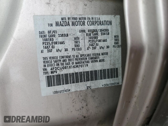 2001 Mazda Tribute LX with VIN 4F2CU081X1KM70119, listed as a Copart auction lot 89311935 with 176,851 mi miles and Salvage Title. Bid and sale history available at DreamBid. Image 13.