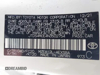 2022 Toyota Corolla SE with VIN JTDS4MCE4N3502754, listed as a IAAI auction lot 41879980 with 23,722 mi miles. Bid and sale history available at carsss.com. Image 9.