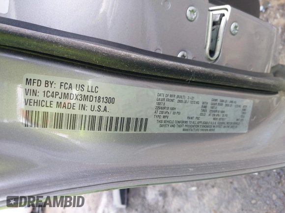 2021 Jeep Cherokee Limited with VIN 1C4PJMDX3MD181300, listed as a IAAI auction lot 42185700 with 62,146 mi miles and . Bid and sale history available at DreamBid. Image 9.