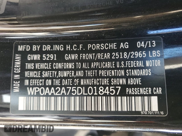 2013 Porsche Panamera with VIN WP0AA2A75DL018457, listed as a Copart auction lot 52576565 with 93,893 mi miles and Salvage Title. Bid and sale history available at carsss.com. Image 12.
