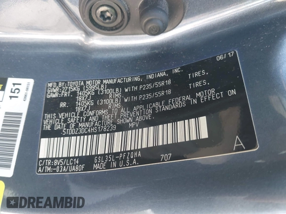 2017 Toyota Sienna with VIN 5TDDZ3DC4HS178239, listed as a IAAI auction lot 42130645 with 140,987 mi miles and . Bid and sale history available at DreamBid. Image 9.