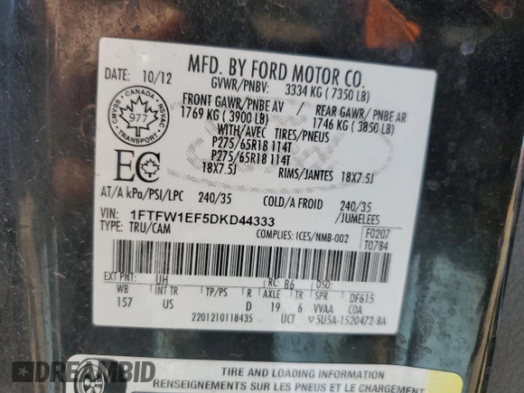 2013 Ford F-150 XL with VIN 1FTFW1EF5DKD44333, listed as a Copart auction lot 56946465 with 160,554 mi miles and Salvage title. Bid and sale history available at DreamBid. Image 12.