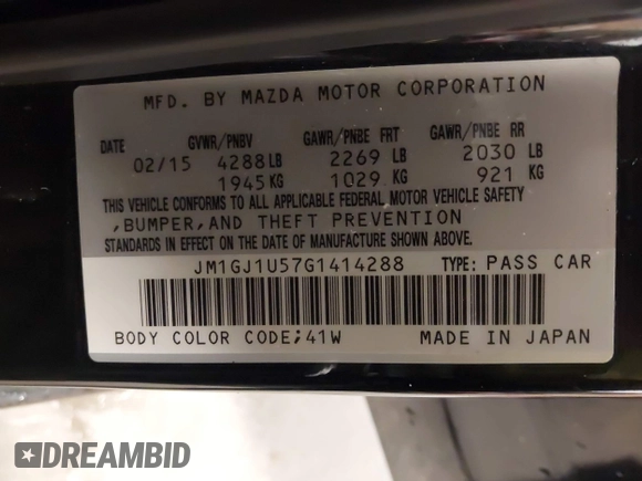 2016 Mazda 6 i Sport with VIN JM1GJ1U57G1414288, listed as a IAAI auction lot 42066672 with 133,000 mi miles and . Bid and sale history available at DreamBid. Image 9.