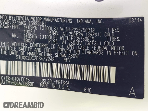 2014 Toyota Sienna SE with VIN 5TDXK3DC2ES472249, listed as a IAAI auction lot 41402101 with Not Provided miles and . Bid and sale history available at DreamBid. Image 9.