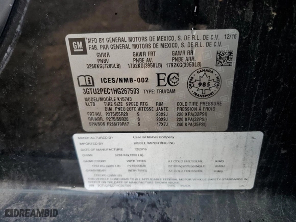 2017 GMC Sierra 1500 Denali with VIN 3GTU2PEC1HG267503, listed as a Copart auction lot 78889204 with 0 mi miles and Clean Title. Bid and sale history available at carsss.com. Image 12.