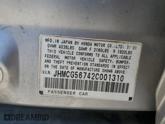 2002 Honda Accord SE with VIN JHMCG56742C001310, listed as a Copart auction lot 52408315 with 250,033 mi miles and Salvage title. Bid and sale history available at DreamBid. Image 12.
