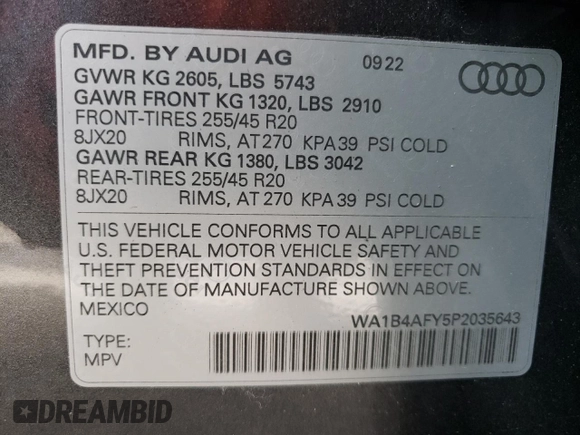 2023 Audi SQ5 Premium Plus with VIN WA1B4AFY5P2035643, listed as a Copart auction lot 59075603 with 4,277 mi miles. Bid and sale history available at carsss.com. Image 14.