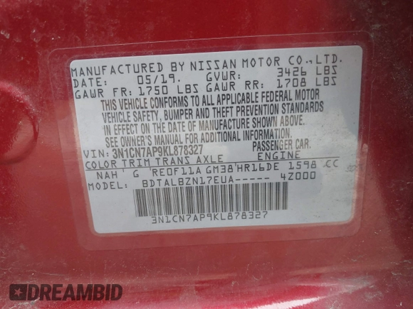 2019 Nissan Versa SV with VIN 3N1CN7AP9KL878327, listed as a IAAI auction lot 41964620 with 91,966 mi miles and . Bid and sale history available at DreamBid. Image 9.