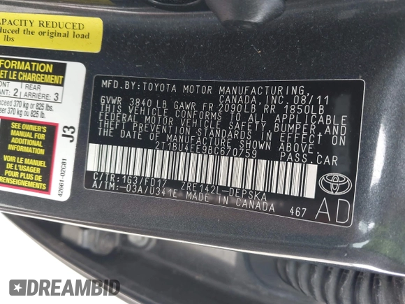 2011 Toyota Corolla L with VIN 2T1BU4EE9BC670759, listed as a IAAI auction lot 41944551 with 127,911 mi miles. Bid and sale history available at carsss.com. Image 9.