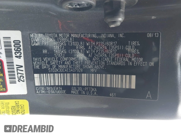 2014 Toyota Sienna L with VIN 5TDZK3DC4ES407928, listed as a IAAI auction lot 41887349 with 208,289 mi miles. Bid and sale history available at carsss.com. Image 9.