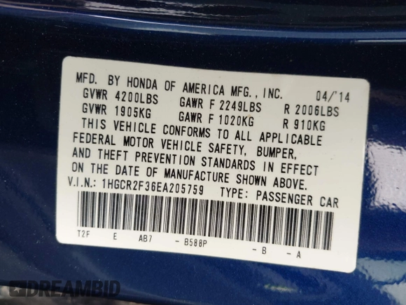 2014 Honda Accord LX with VIN 1HGCR2F36EA205759, listed as a IAAI auction lot 41925082 with 80,757 mi miles and . Bid and sale history available at carsss.com. Image 9.