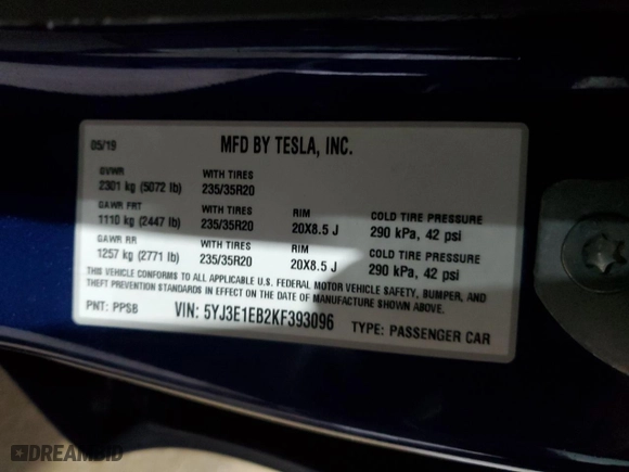 2019 Tesla Model 3 Long Range with VIN 5YJ3E1EB2KF393096, listed as a Copart auction lot 47637855 with 118,186 mi miles and Salvage Title. Bid and sale history available at carsss.com. Image 12.