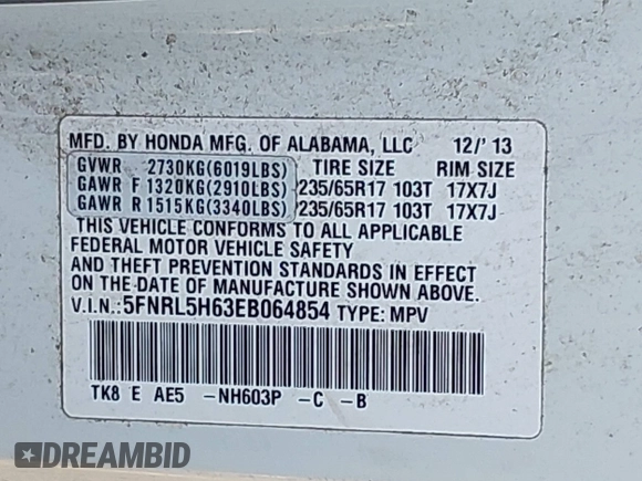 2014 Honda Odyssey EX-L with VIN 5FNRL5H63EB064854, listed as a IAAI auction lot 42102704 with 148,536 mi miles and . Bid and sale history available at carsss.com. Image 9.