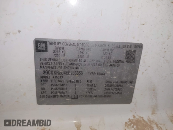 2014 Chevrolet Silverado 1500 LT with VIN 3GCUKREC4EG233353, listed as a IAAI auction lot 41959317 with 160,880 mi miles and . Bid and sale history available at DreamBid. Image 9.