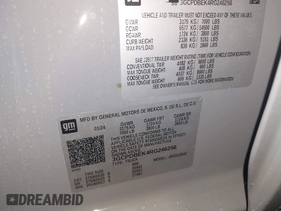 2024 Chevrolet Silverado 1500 Custom with VIN 3GCPDBEK4RG246258, listed as a IAAI auction lot 40882553 with Not Provided miles and . Bid and sale history available at DreamBid. Image 9.