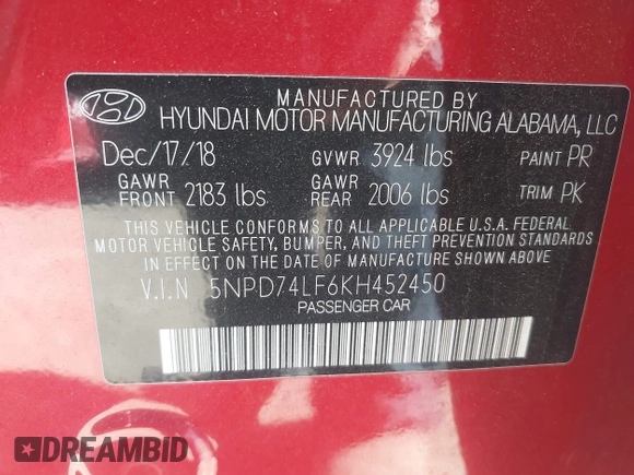 2019 Hyundai Elantra SE with VIN 5NPD74LF6KH452450, listed as a IAAI auction lot 41128392 with 122,882 mi miles and . Bid and sale history available at DreamBid. Image 9.