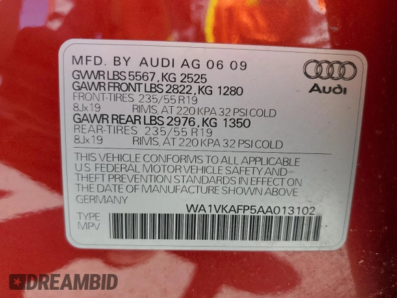 2010 Audi Q5 Prestige with VIN WA1VKAFP5AA013102, listed as a Copart auction lot 59049445 with 138,908 mi miles and Clean title. Bid and sale history available at DreamBid. Image 13.