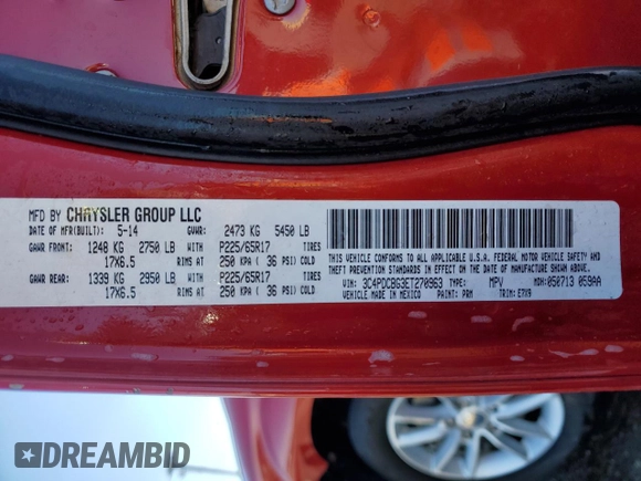 2014 Dodge Journey SXT z VIN 3C4PDCBG3ET270963, wystawiony jako Copart lot #49604915 z przebiegiem 138 187 mil mil oraz Szkoda całkowita • Salvage title. Historia ofert i sprzedaży dostępna na DreamBid. Obrazek 14.