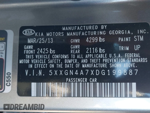 2013 Kia Optima EX with VIN 5XXGN4A7XDG199887, listed as a IAAI auction lot 41993160 with 235,603 mi miles and . Bid and sale history available at carsss.com. Image 9.
