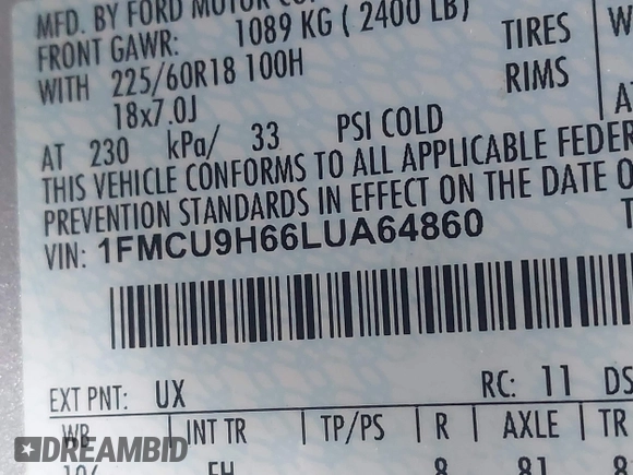 2020 Ford Escape SEL z VIN 1FMCU9H66LUA64860, wystawiony jako IAAI lot #41947561 z przebiegiem 50 703 mil mil oraz . Historia ofert i sprzedaży dostępna na DreamBid. Obrazek 9.