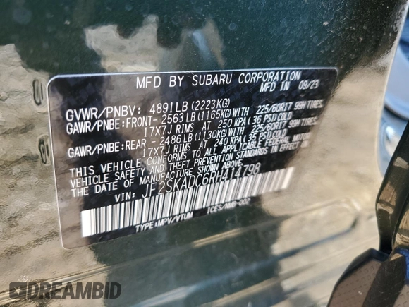 2024 Subaru Forester Premium with VIN JF2SKADC6RH414798, listed as a Copart auction lot 57289545 with 12,386 mi miles and Salvage title. Bid and sale history available at DreamBid. Image 14.
