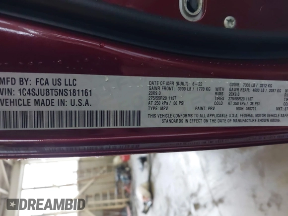 2022 Jeep Wagoneer Series II с VIN 1C4SJUBT5NS181161, выставлен на аукционе IAAI как лот 41699742 с пробегом 44 363 миль миль и . История ставок и продаж доступна на DreamBid. Изображение 9.