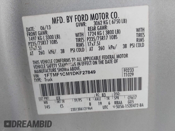 2013 Ford F-150 XL z VIN 1FTMF1CM1DKF27849, wystawiony jako IAAI lot #42308542 z przebiegiem 74 352 mil mil oraz . Historia ofert i sprzedaży dostępna na DreamBid. Obrazek 9.