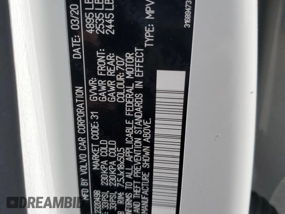 2020 Volvo XC40 Inscription z VIN YV4162UL1L2320498, wystawiony jako Copart lot #58047125 z przebiegiem 64 346 mil mil oraz Szkoda całkowita • Salvage title. Historia ofert i sprzedaży dostępna na DreamBid. Obrazek 13.