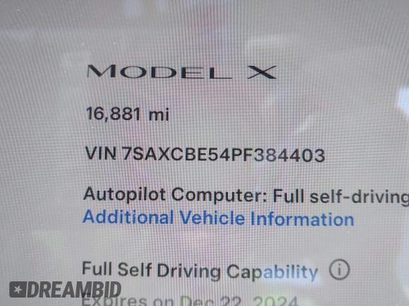2023 Tesla Model X with VIN 7SAXCBE54PF384403, listed as a IAAI auction lot 40947187 with 16,881 mi miles and . Bid and sale history available at DreamBid. Image 16.