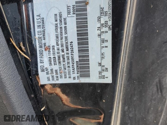2001 Ford Mustang GT Deluxe z VIN 1FAFP45X91F262476, wystawiony jako Copart lot #48036485 z przebiegiem Nie podano mil oraz Szkoda całkowita • Salvage title. Historia ofert i sprzedaży dostępna na DreamBid. Obrazek 12.