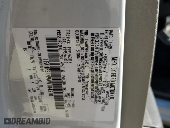 2010 Ford Focus SE with VIN 1FAHP3FN9AW184510, listed as a Copart auction lot 49619545 with 0 mi miles and Salvage Title. Bid and sale history available at carsss.com. Image 13.