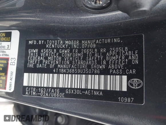 2009 Toyota Avalon XL with VIN 4T1BK36B59U350786, listed as a IAAI auction lot 41322151 with 222,128 mi miles. Bid and sale history available at carsss.com. Image 9.