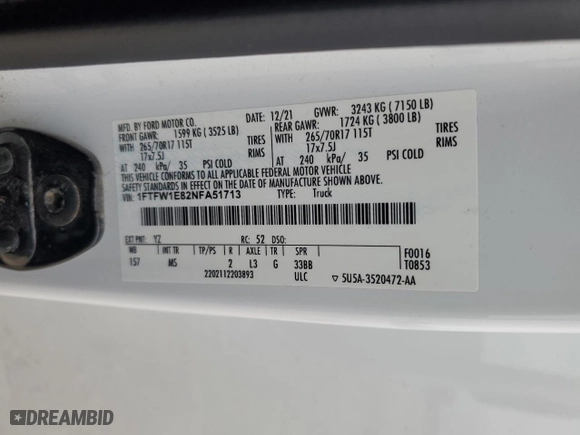 2022 Ford F-150 XL with VIN 1FTFW1E82NFA51713, listed as a Copart auction lot 42911405 with 69,966 mi miles and Salvage Title. Bid and sale history available at carsss.com. Image 12.