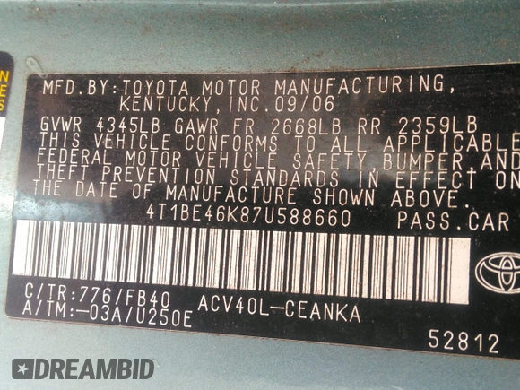 2007 Toyota Camry CE with VIN 4T1BE46K87U588660, listed as a IAAI auction lot 41853365 with 223,452 mi miles. Bid and sale history available at carsss.com. Image 9.