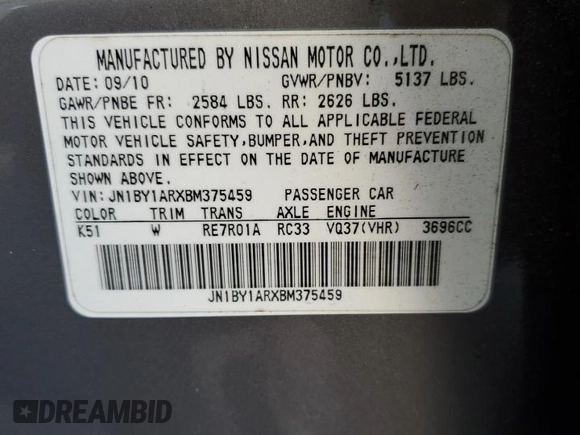 2011 Infiniti M37 with VIN JN1BY1ARXBM375459, listed as a Copart auction lot 54162315 with 212,963 mi miles and Clean Title. Bid and sale history available at carsss.com. Image 12.
