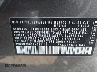 2024 Volkswagen Jetta Sport with VIN 3VWBM7BU2RM084111, listed as a IAAI auction lot 42532212 with 4,435 mi miles and . Bid and sale history available at DreamBid. Image 9.