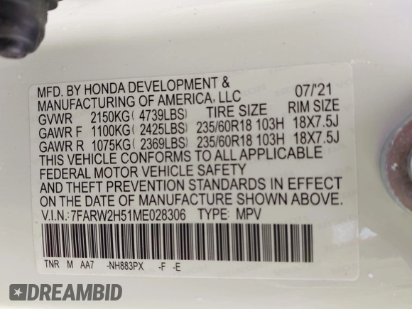 2021 Honda CR-V EX with VIN 7FARW2H51ME028306, listed as a IAAI auction lot 42166310 with 44,682 mi miles and . Bid and sale history available at DreamBid. Image 9.