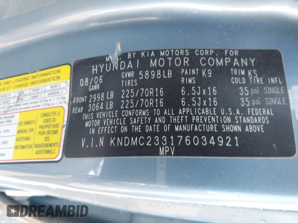 2007 Hyundai Entourage GLS z VIN KNDMC233176034921, wystawiony jako IAAI lot #41815006 z przebiegiem 239 283 mil mil oraz . Historia ofert i sprzedaży dostępna na DreamBid. Obrazek 9.