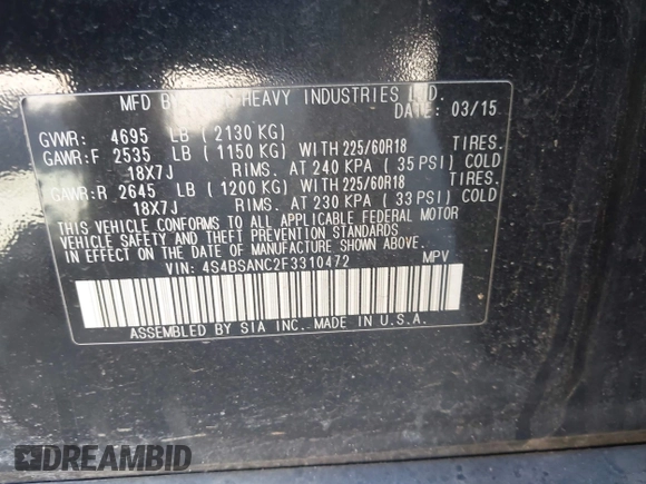 2015 Subaru Outback Limited with VIN 4S4BSANC2F3310472, listed as a IAAI auction lot 41755086 with 175,580 mi miles and . Bid and sale history available at DreamBid. Image 9.