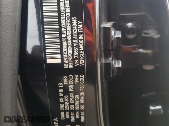 2017 Maserati Levante S z VIN ZN661YUL4HX249445, wystawiony jako Copart lot #61321762 z przebiegiem Nie podano mil oraz . Historia ofert i sprzedaży dostępna na DreamBid. Obrazek 10.