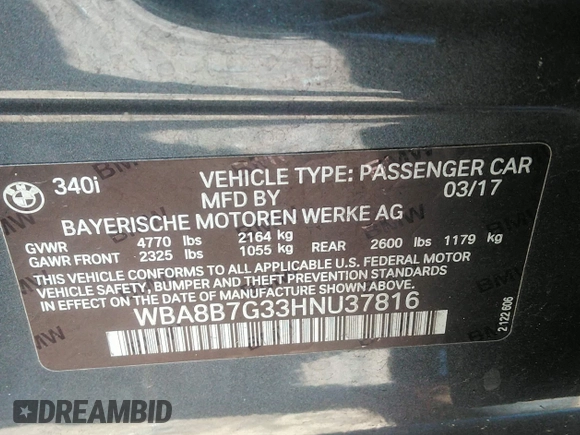 2017 BMW 3 Series 340i xDrive with VIN WBA8B7G33HNU37816, listed as a IAAI auction lot 42735008 with 95,610 mi miles and . Bid and sale history available at DreamBid. Image 9.