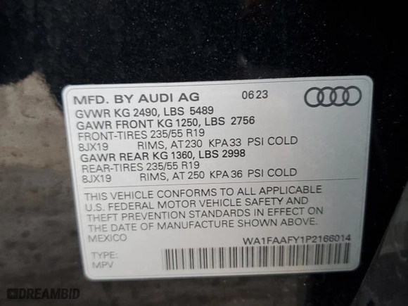 2023 Audi Q5 S line Prestige with VIN WA1FAAFY1P2166014, listed as a Copart auction lot 86218794 with 13,851 mi miles and Salvage Title. Bid and sale history available at carsss.com. Image 13.