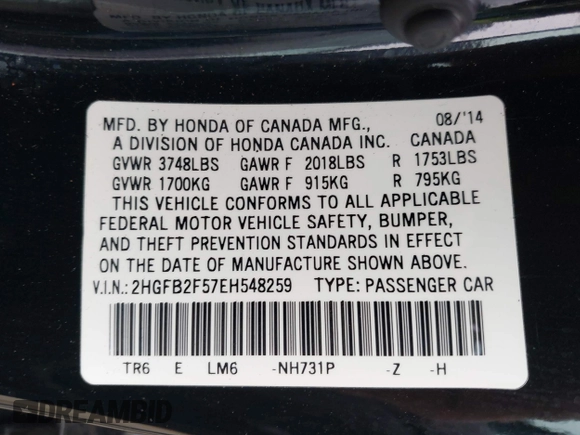 2014 Honda Civic Sedan LX with VIN 2HGFB2F57EH548259, listed as a IAAI auction lot 42025763 with 179,382 mi miles. Bid and sale history available at carsss.com. Image 9.
