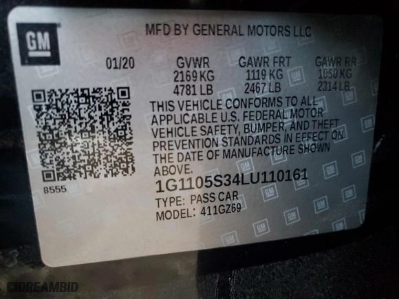 2020 Chevrolet Impala Premier with VIN 1G1105S34LU110161, listed as a Copart auction lot 89377035 with 104,495 mi miles and Salvage Title. Bid and sale history available at carsss.com. Image 13.